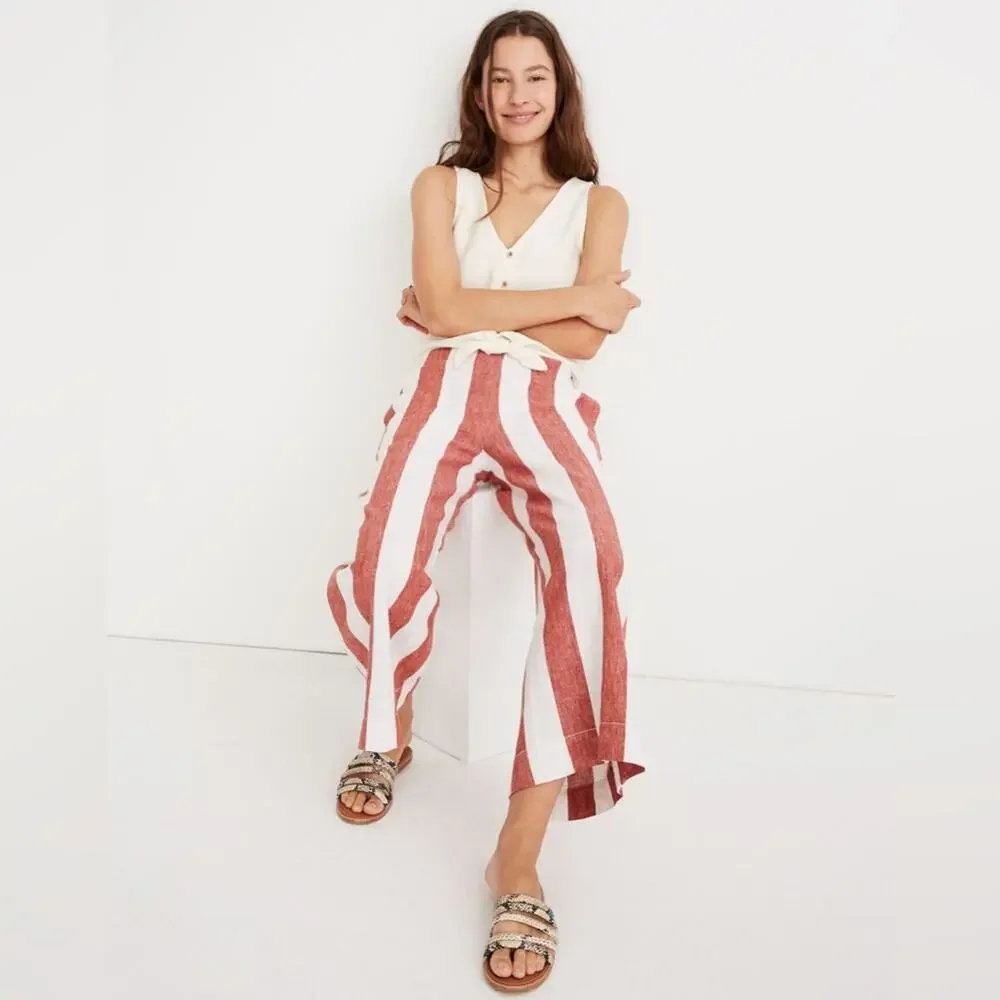 Madewell Huston Wide Leg Linen Crop Pants Red White Stripe Linen Pull-On Small - Picture 1 of 9